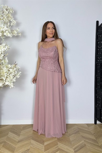 G1811 Boncuk İşlemeli Şal Detaylı Şifon Abiye Elbise Pudra