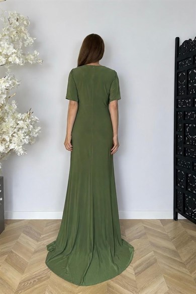 G1813 Taş ve Drape Detaylı Maksi Abiye Elbise Yeşil