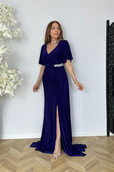 G1813 Taş ve Drape Detaylı Maksi Abiye Elbise Mor