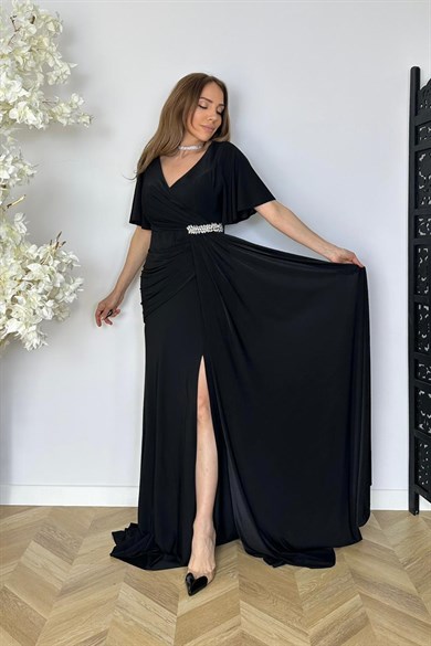 G1813 Taş ve Drape Detaylı Maksi Abiye Elbise Siyah