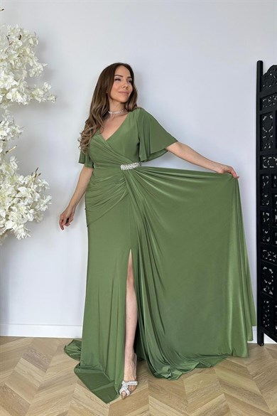 G1813 Taş ve Drape Detaylı Maksi Abiye Elbise Yeşil