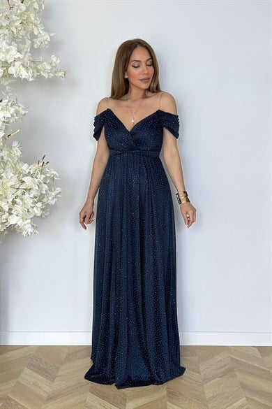 G1815 Trok Taşlı Maksi Abiye Elbise Lacivert