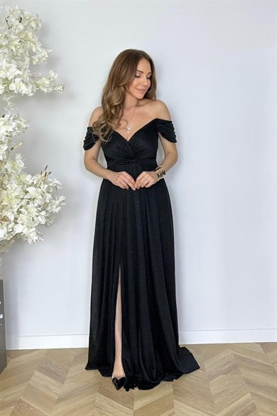 G1815 Trok Taşlı Maksi Abiye Elbise Siyah