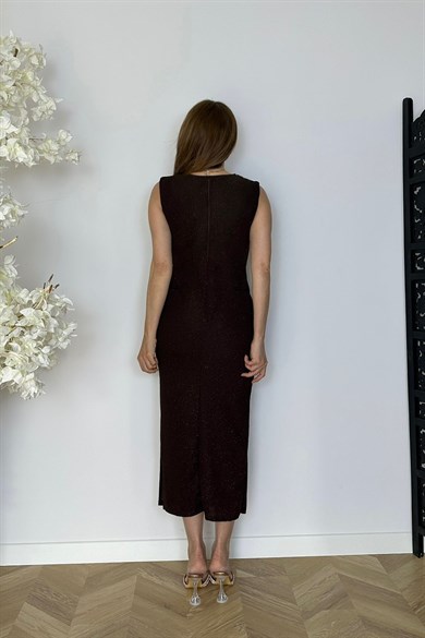 G1816 Drape Detaylı Simli Abiye Elbise Kahverengi