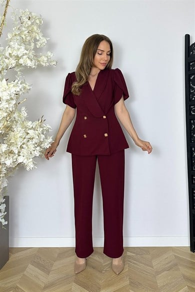 G1820 Düğme Detaylı İkili Takım Bordo