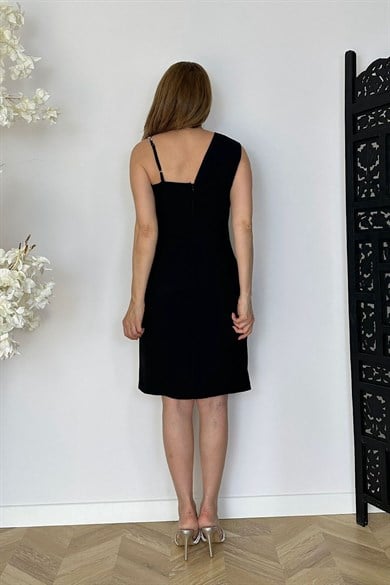 G1826 Taş ve Drape Detaylı Abiye Elbise Siyah