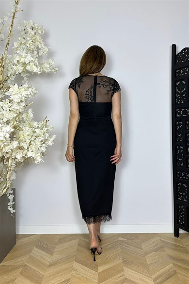 G1830 Drape ve Dantel Detaylı Abiye Elbise Siyah