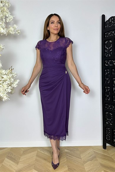 G1830 Drape ve Dantel Detaylı Abiye Elbise Mor