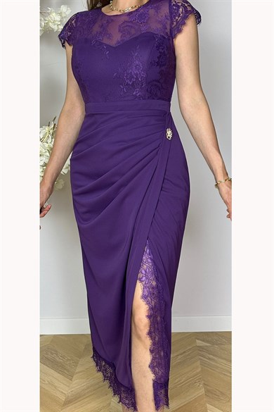 G1830 Drape ve Dantel Detaylı Abiye Elbise Mor
