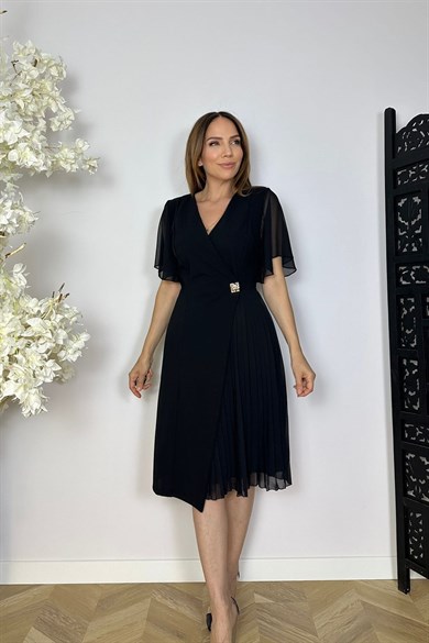 G1834 Şifon Kol Pilise Detaylı Elbise Siyah