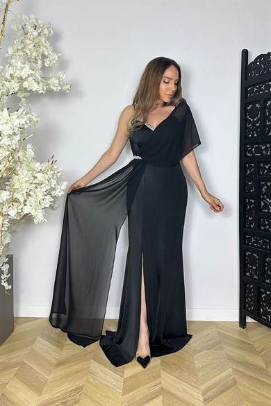 G1837 Şifon ve Taş Detaylı Maksi Abiye Elbise Siyah