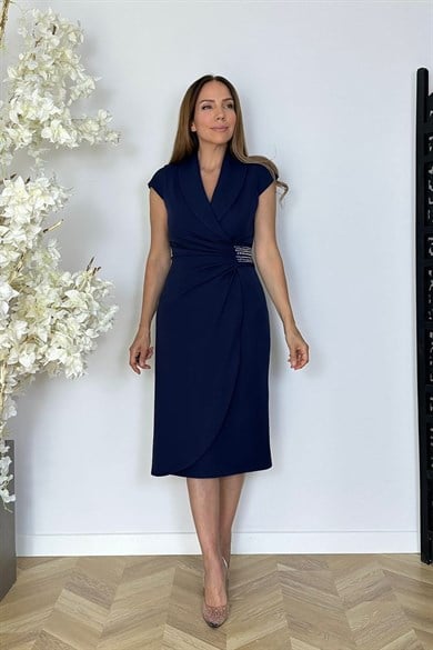 G1844 Drape ve Taş Detaylı Elbise Lacivert