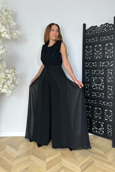 G1848 Taş ve Şifon Detaylı Tasarım Tulum Siyah