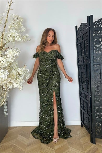 G1853 Madonna Yaka Payet Maksi Abiye Elbise Haki