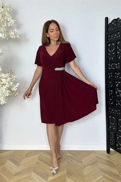 G1854 Taş ve Drape Detaylı Abiye Elbise Bordo