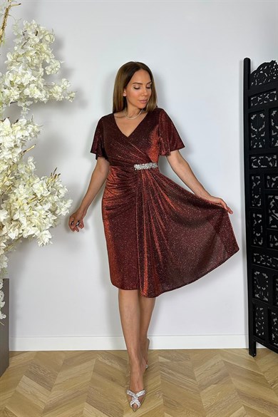 G1855 Taş ve Drape Detaylı Simli Abiye Elbise Bronz