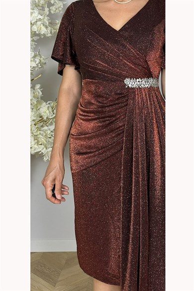 G1855 Taş ve Drape Detaylı Simli Abiye Elbise Bronz