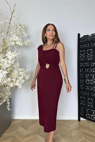 G1863 Broş Detaylı Askılı Abiye Elbise Bordo