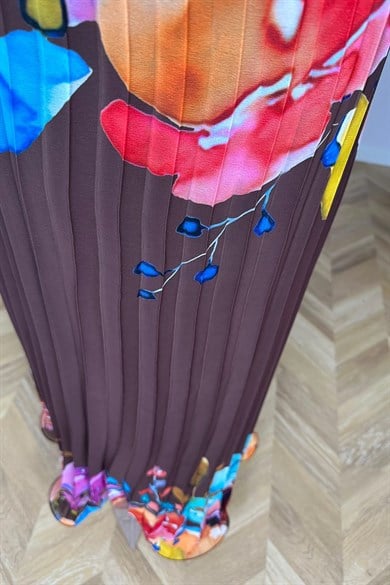 G1867 Halter Yaka Piliseli Şifon Elbise Kahverengi