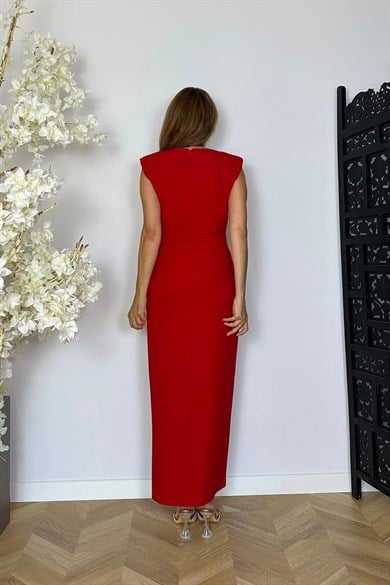 G1889 Drape ve Yırtmaç Detaylı Elbise Kırmızı