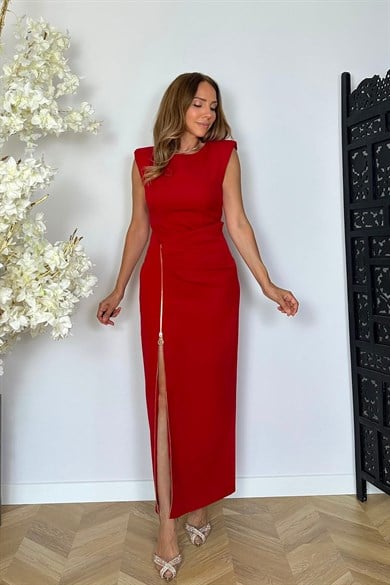 G1889 Drape ve Yırtmaç Detaylı Elbise Kırmızı