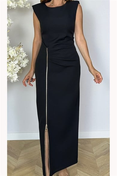 G1889 Drape ve Yırtmaç Detaylı Elbise Siyah