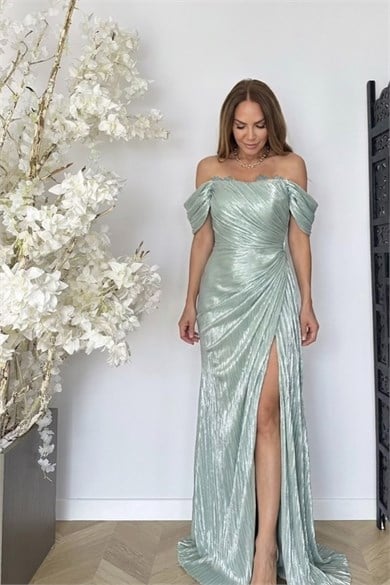 G1936 Drape Detaylı Maksi Abiye Elbise Mint