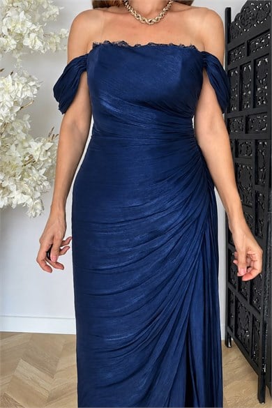 G1936 Drape Detaylı Maksi Abiye Elbise Lacivert