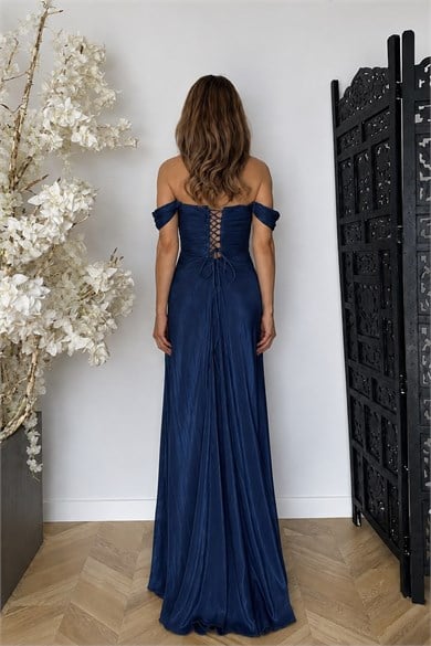G1936 Drape Detaylı Maksi Abiye Elbise Lacivert