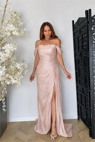 G1936 Drape Detaylı Maksi Abiye Elbise Pudra