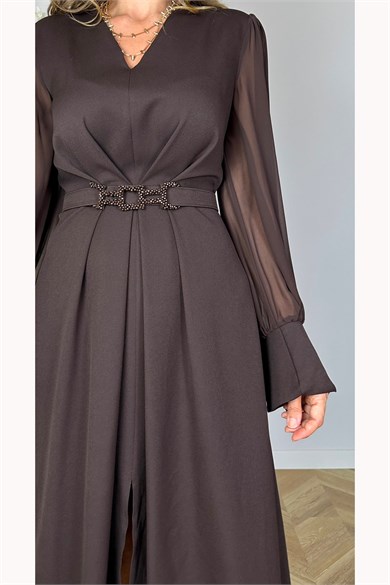 G1973 Şifon Kol Drape Detaylı Elbise Kahverengi
