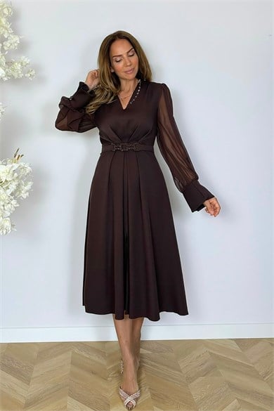 G1973 Şifon Kol Drape Detaylı Elbise Kahverengi