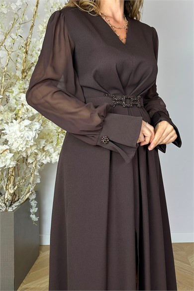 G1973 Şifon Kol Drape Detaylı Elbise Kahverengi