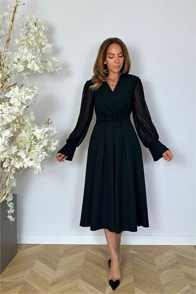 G1973 Şifon Kol Drape Detaylı Elbise Siyah