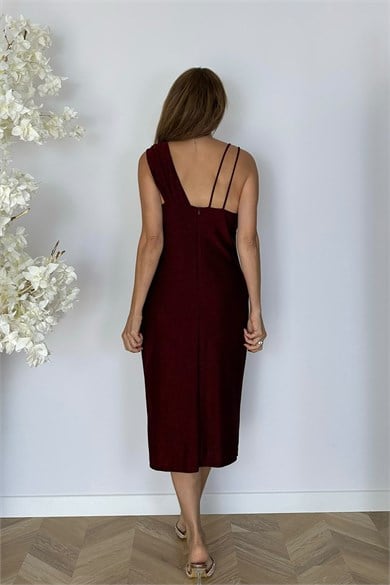 G1997 Yaka ve Drape Detaylı Simli Abiye Elbise Bordo