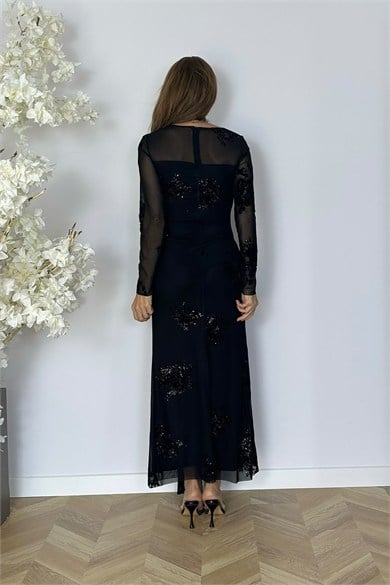 G2019 Flok Baskı Bağlama Detaylı Tül Elbise Siyah