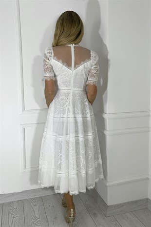M1376 Dantel Tasarım Elbise Beyaz