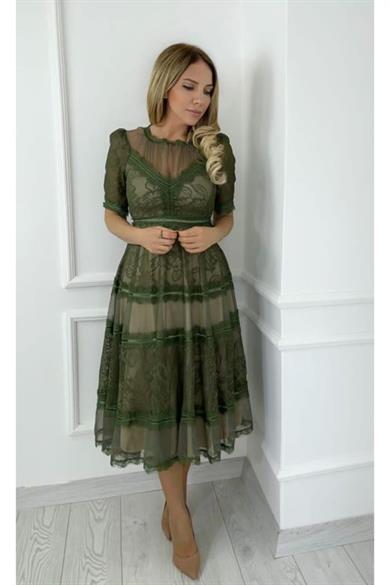 M1376 Dantel Tasarım Elbise Haki