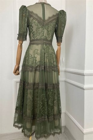 M1376 Dantel Tasarım Elbise Haki