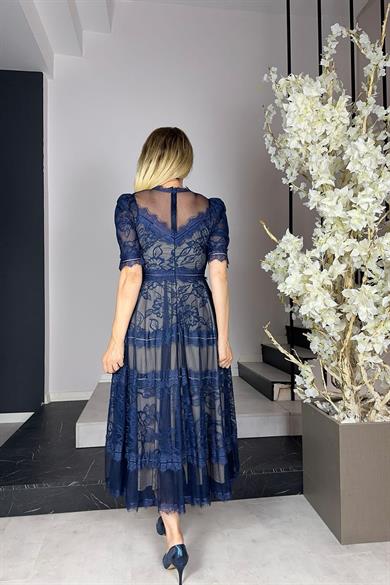 M1376 Dantel Tasarım Elbise Lacivert