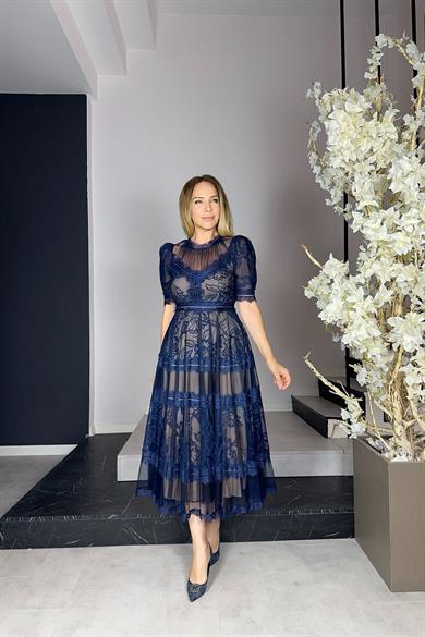 M1376 Dantel Tasarım Elbise Lacivert