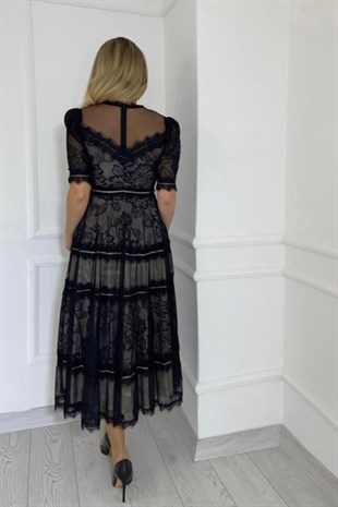 M1376 Dantel Tasarım Elbise Siyah