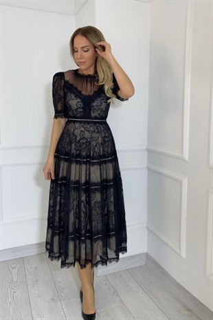 M1376 Dantel Tasarım Elbise Siyah