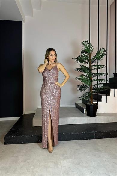 M1747 Maksi Boy Payetli Elbise Rose