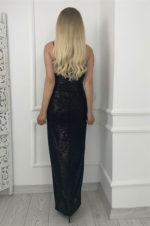 M1747 Maksi Boy Payetli Elbise Siyah