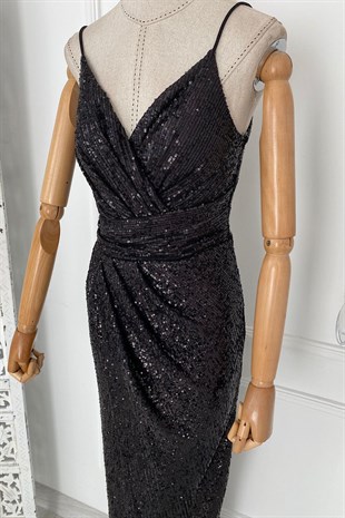 M1747 Maksi Boy Payetli Elbise Siyah