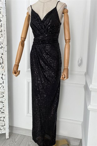 M1747 Maksi Boy Payetli Elbise Siyah