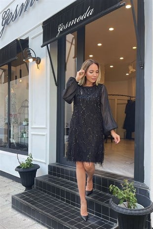 M1878 Payet Detay Abiye Elbise Siyah