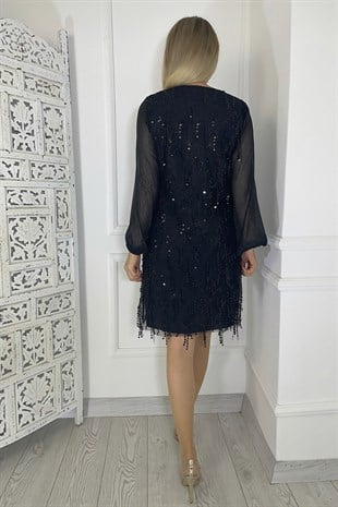 M1878 Payet Detay Abiye Elbise Siyah