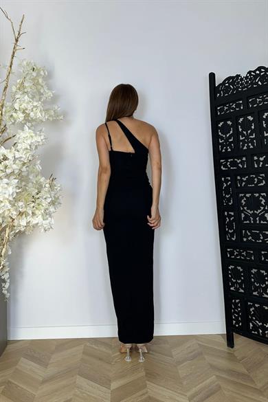 M1894 Asimetrik Yaka Yırtmaçlı Elbise Siyah